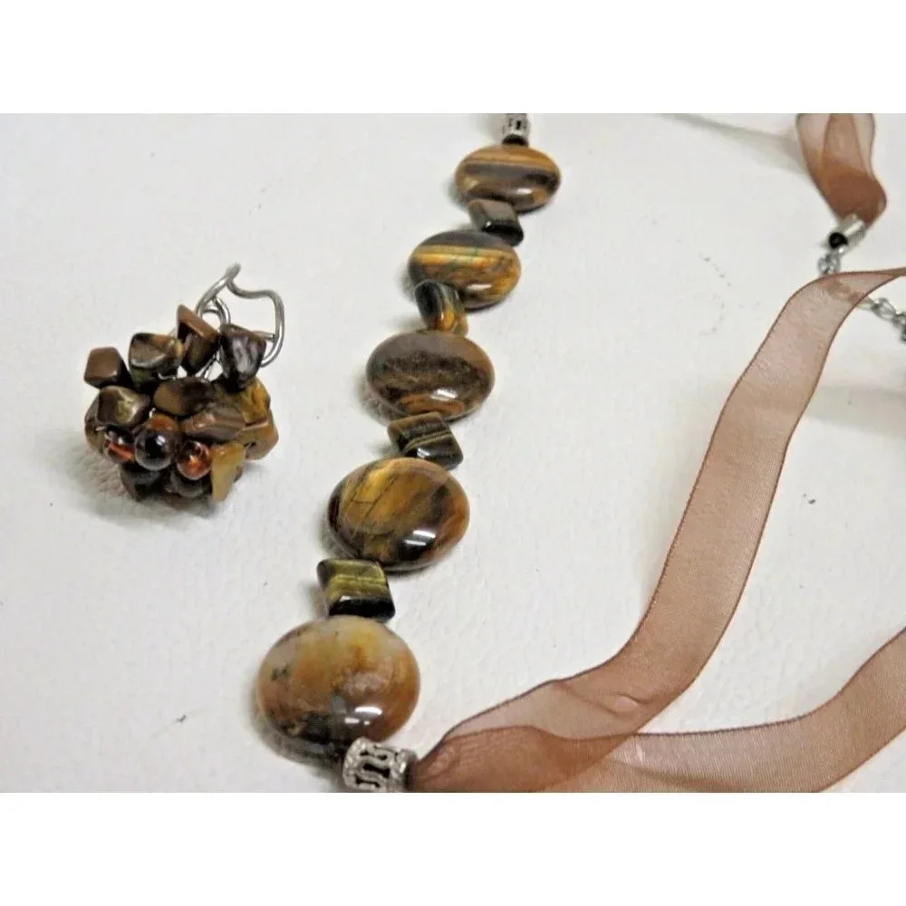 Tiger's Eye Necklace & Ring Set Striped Stone Beaded  Adjustable Ribbon - Picture 9 of 10